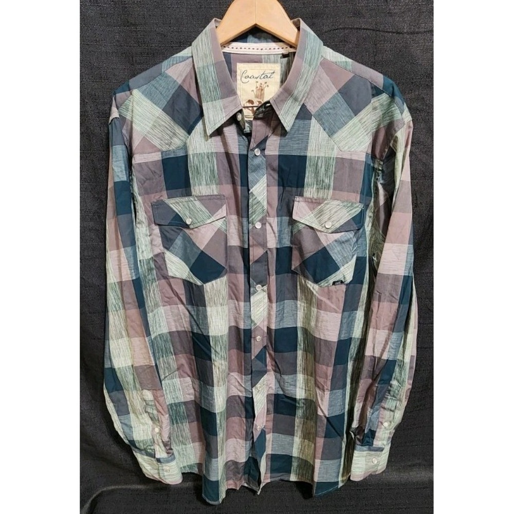 Coastal Men's Pearl Snap Shirt XXL Green Gray Plaid‎ Western Long Sleeve Rodeo